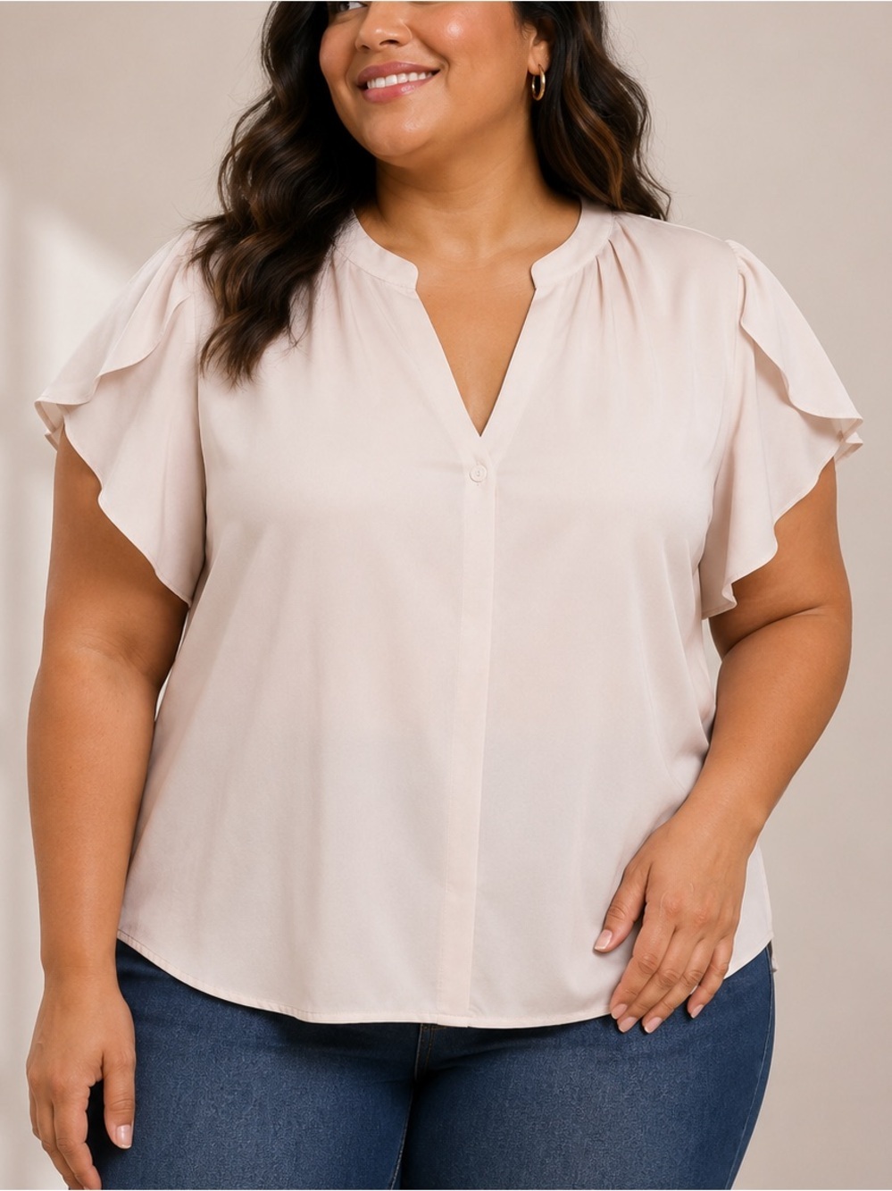 SHEIN Blush Cream V-Neck Flutter Sleeve Blouse SIZE LARGE